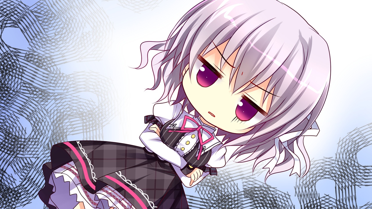 chibi, dewa_azusa, dress, game_cg, gray_hair, hen_koi_ooyoso_kuro_rekishi, purple_eyes, short_hair