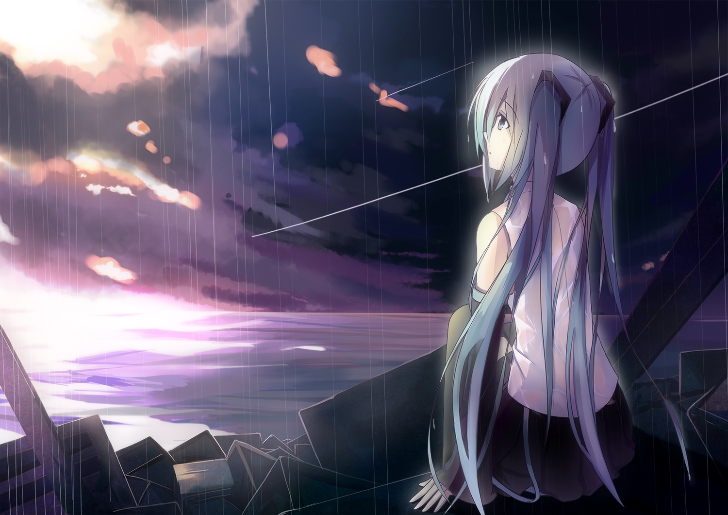 dark, hatsune_miku, long_hair, polychromatic, rain, tianya_beiming, twintails, vocaloid