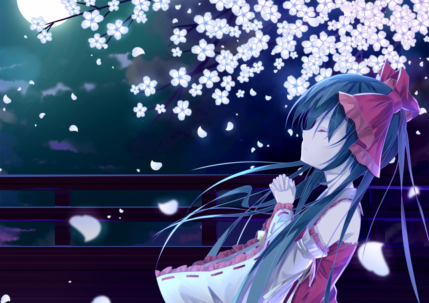 black_hair, cherry_blossoms, flowers, hakurei_reimu, japanese_clothes, long_hair, miko, moon