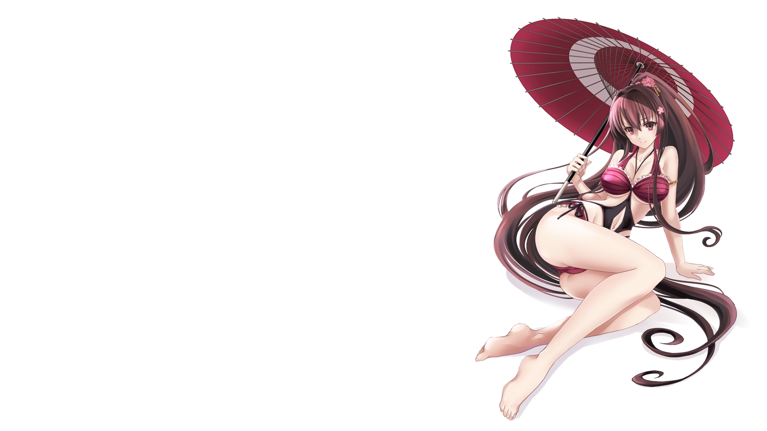 anthropomorphism, ass, barefoot, brown_eyes, brown_hair, cameltoe, kantai_collection, long_hair, omone_chou, ponytail, swimsuit, umbrella, white, yamato_(kancolle)
