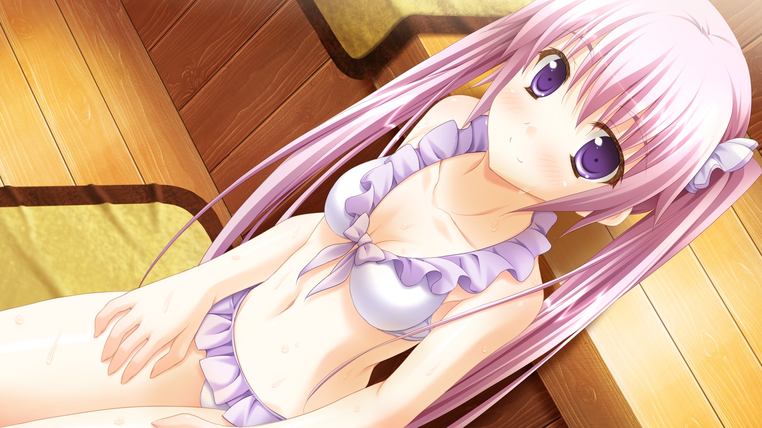 bikini, dp_minase, game_cg, hisanaga_kuon, konata_yori_kanata_made_2, long_hair, navel, pink_hair