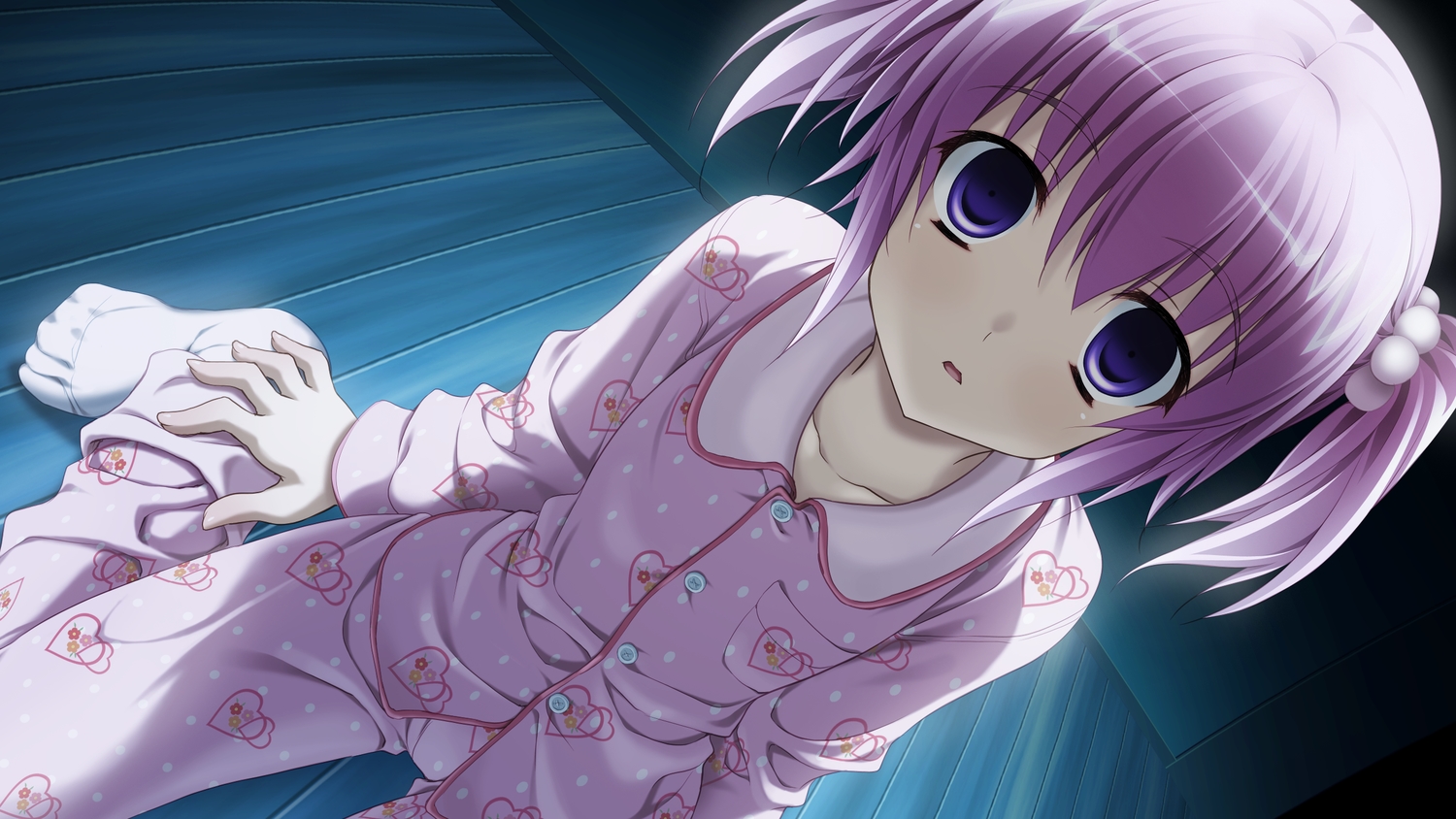 blue_eyes, dp_minase, game_cg, hisanaga_kuon, konata_yori_kanata_made_2, pajamas, pink_hair, twintails