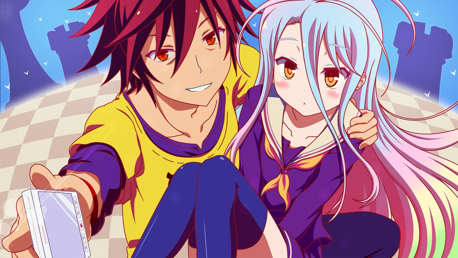 brown_hair, jpeg_artifacts, loli, long_hair, male, no_game_no_life, phone, red_eyes