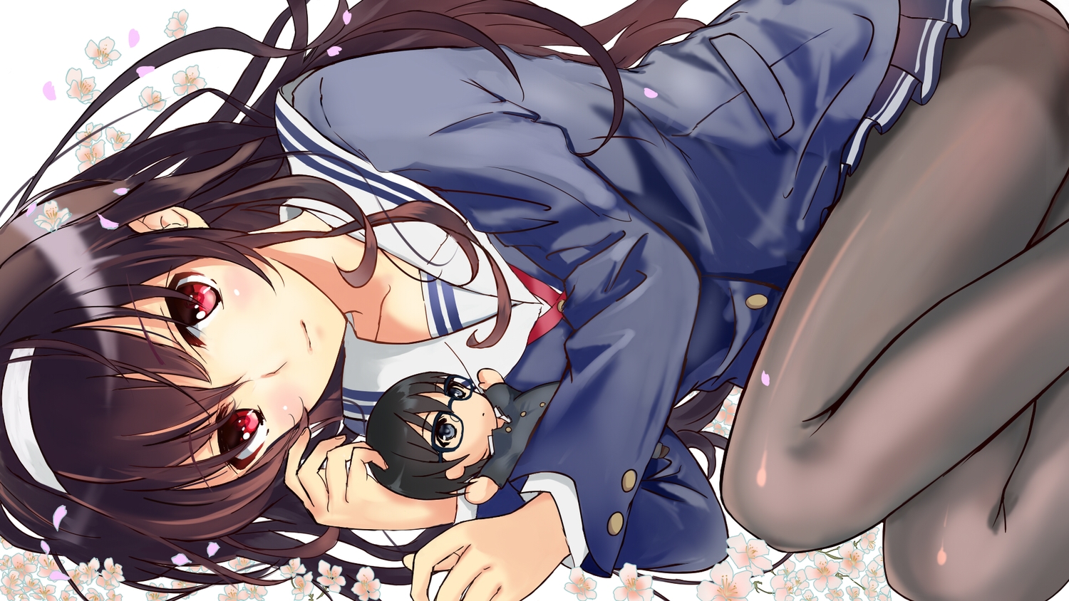 black_hair, chibi, flowers, kasumigaoka_utaha, nagata_ozu, panties, pantyhose, saenai_heroine_no_sodatekata, school_uniform, underwear