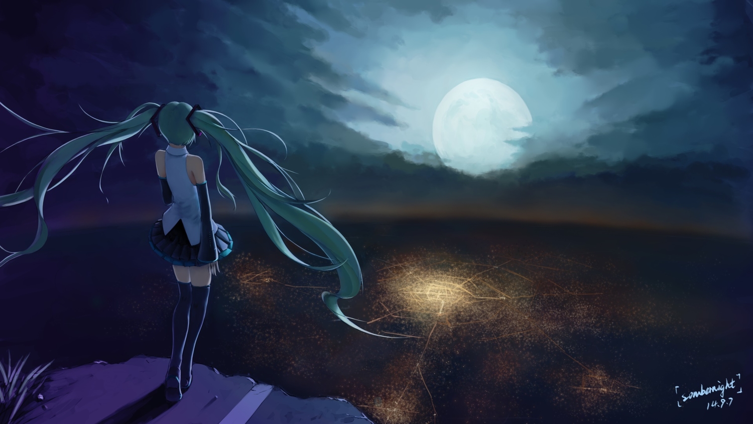 aqua_eyes, aqua_hair, hatsune_miku, moon, night, signed, skirt, sombernight