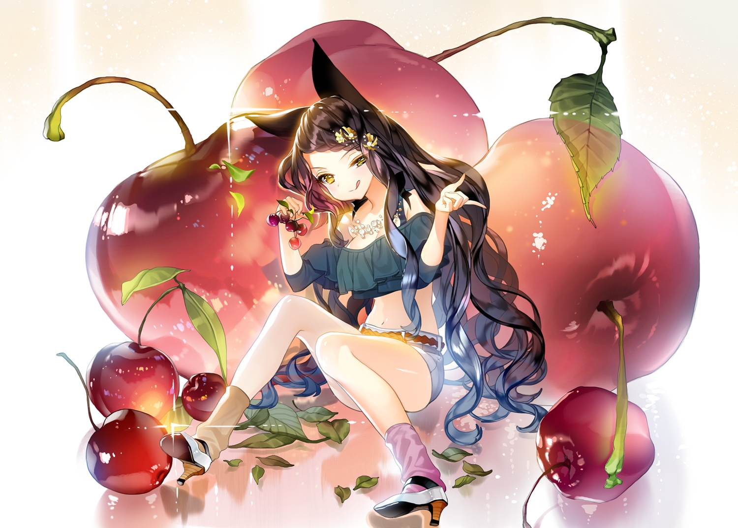 animal_ears, black_hair, catgirl, cherry, cherrypin, food, fruit, leaves, long_hair, original, yellow_eyes
