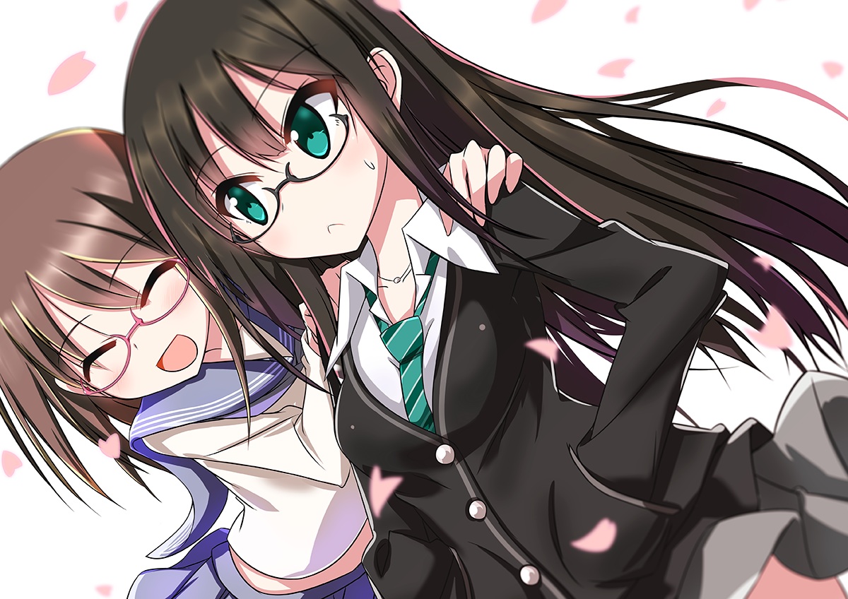 2girls, black_hair, brown_hair, glasses, green_eyes, idolmaster, idolmaster_cinderella_girls, kamijou_haruna, long_hair, petals, sagamihara_sakyou, school_uniform, shibuya_rin, short_hair, skirt, tie