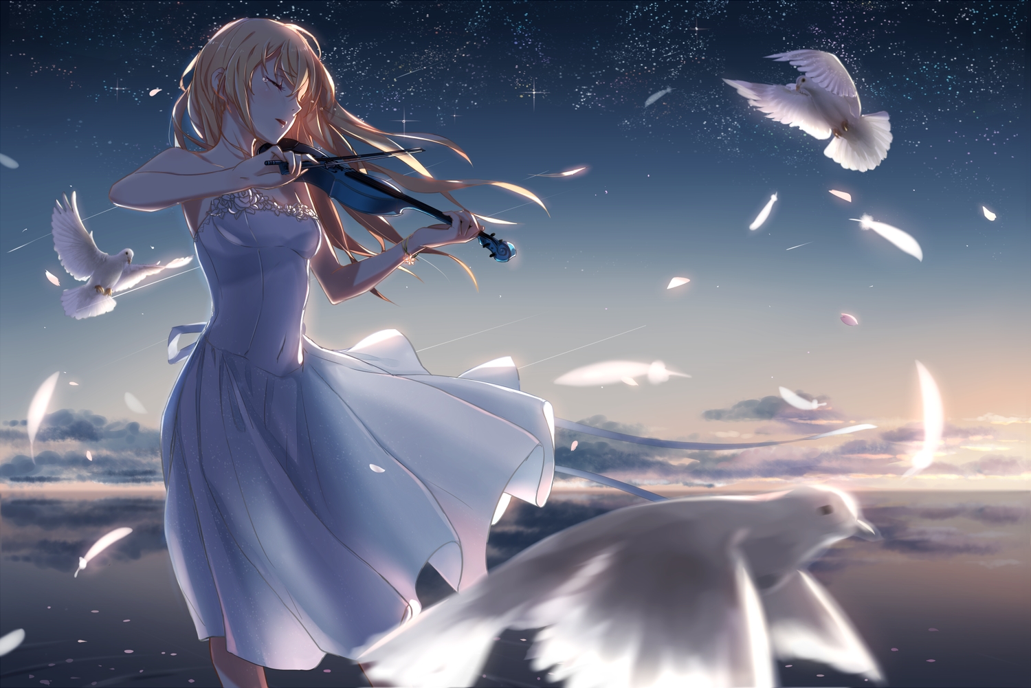 animal, bird, blonde_hair, clouds, dress, feathers, instrument, long_hair, miyazono_kaori, petals, phantania, shigatsu_wa_kimi_no_uso, sky, tears, violin, water