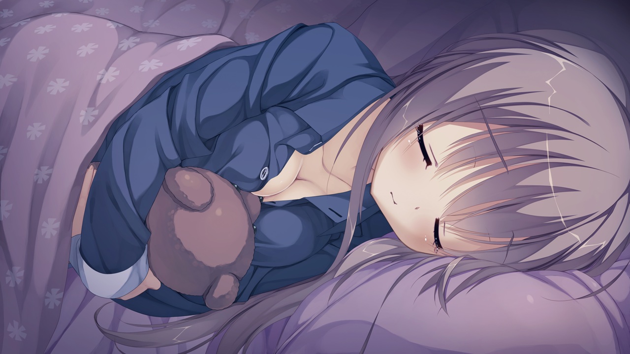 bed, breasts, cleavage, game_cg, gray_hair, hug, kobuichi, long_hair