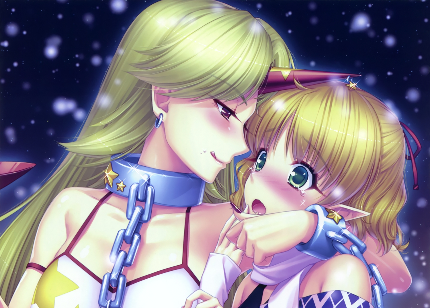 2girls, blonde_hair, blush, drink, green_eyes, horns, hoshiguma_yuugi, long_hair