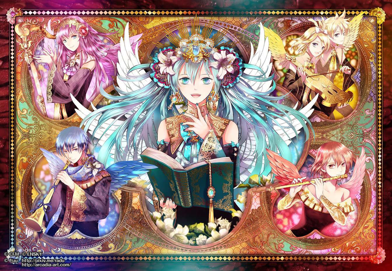 book, flowers, flute, hatsune_miku, headdress, instrument, kagamine_len, kagamine_rin