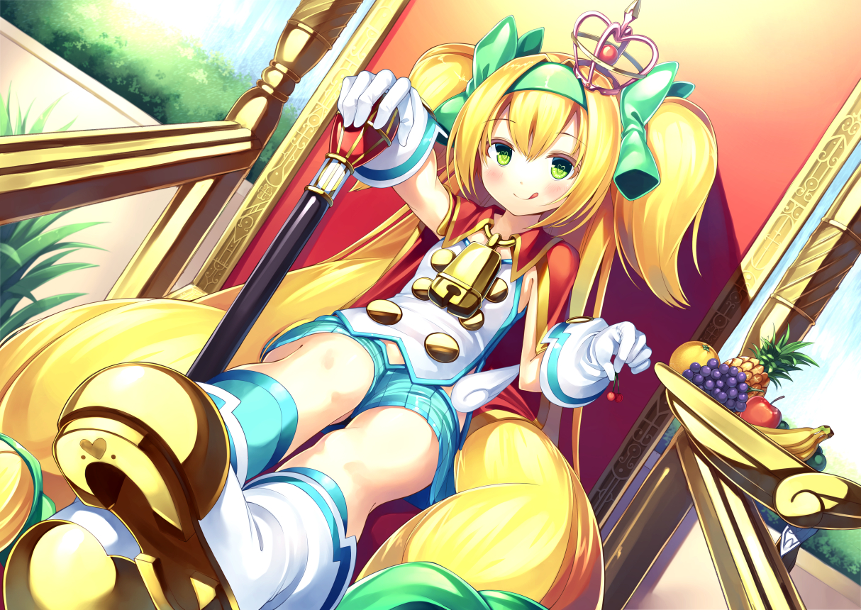 apple, blazblue, blonde_hair, blush, crown, food, fruit, green_eyes