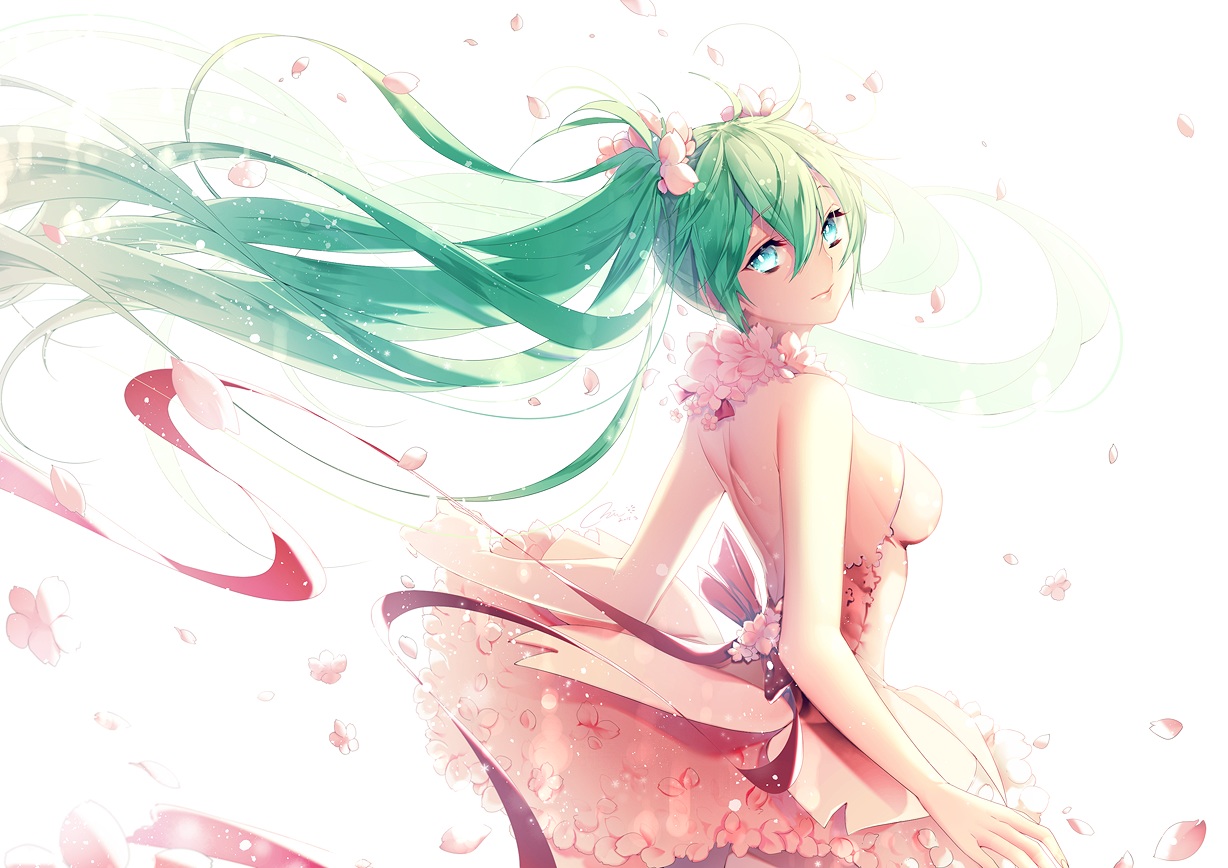 aqua_eyes, dress, flowers, green_hair, hatsune_miku, long_hair, mirunai, petals