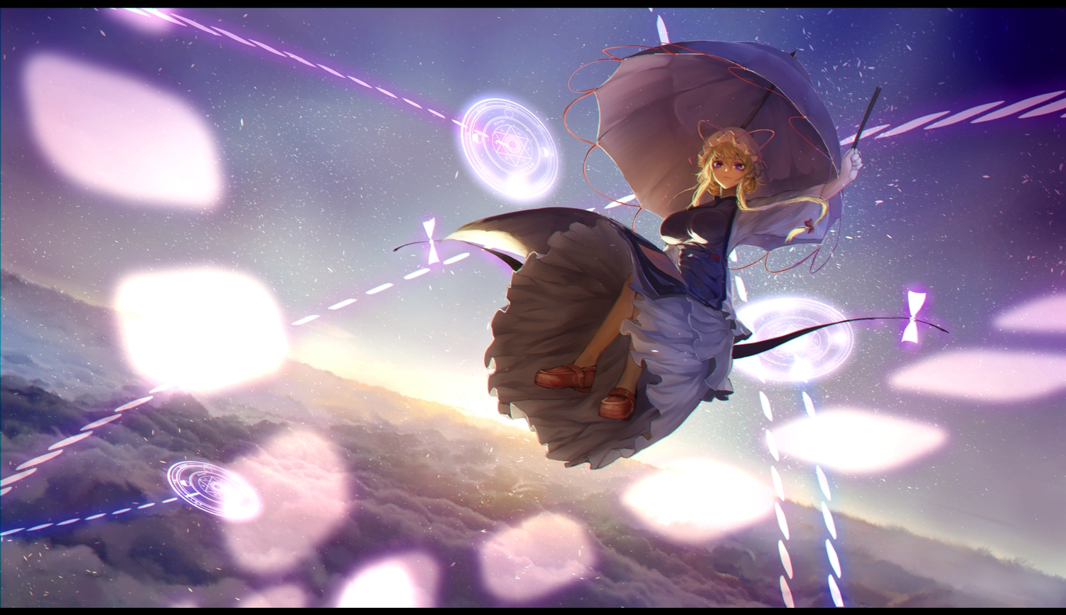 blonde_hair, bow, braids, clouds, dress, hat, kinketsu, magic, sky, touhou, umbrella, yakumo_yukari