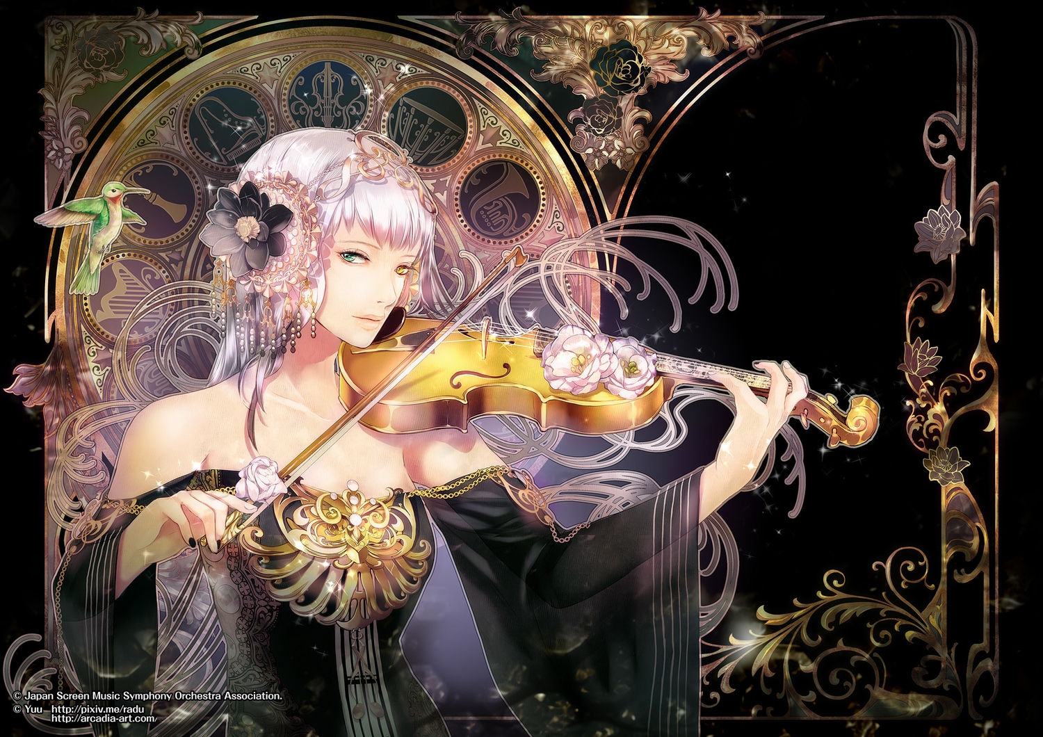 animal, bicolored_eyes, bird, dress, flowers, instrument, long_hair, original
