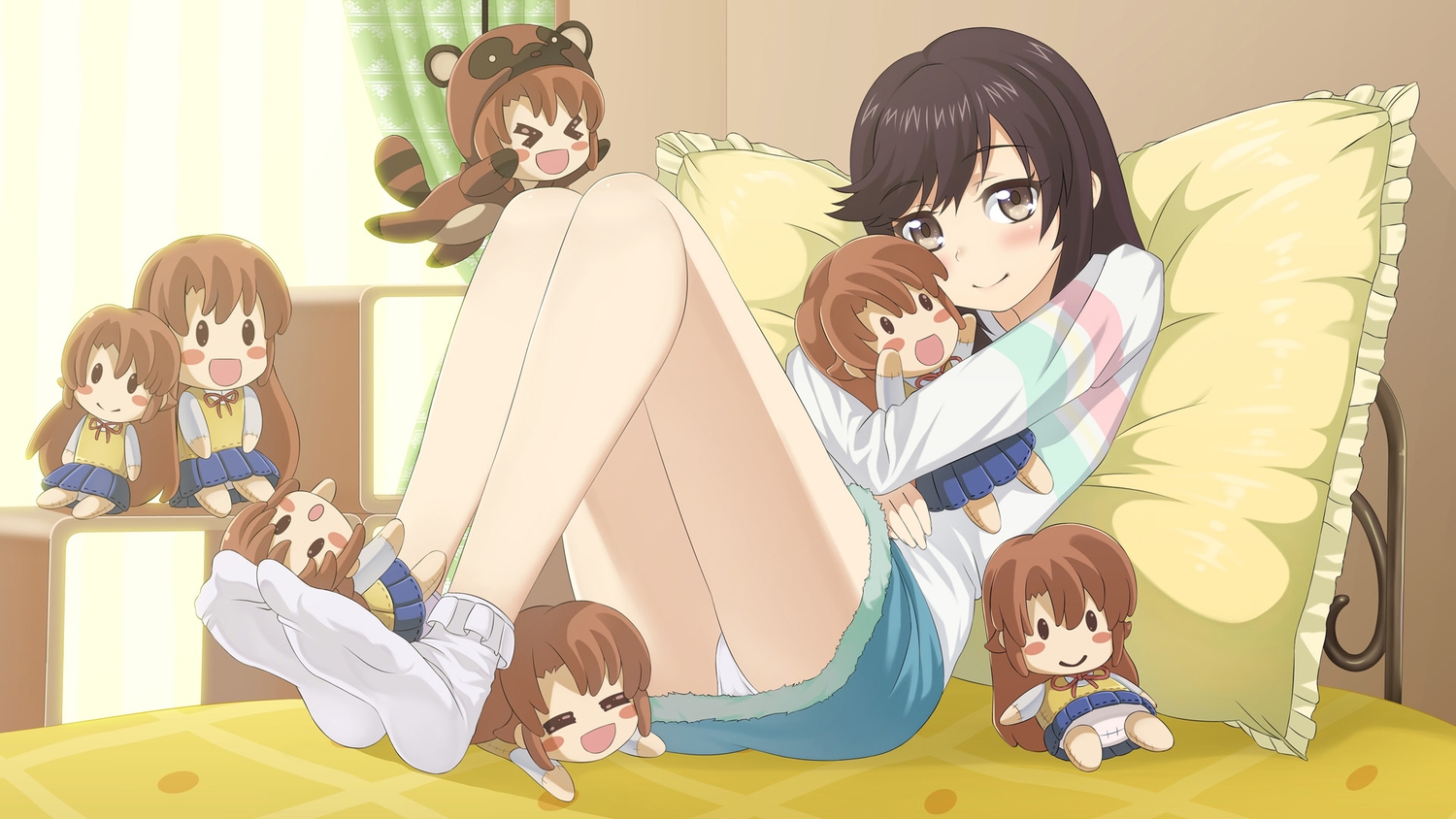 bed, black_hair, brown_eyes, doll, ichijou_hotaru, koshigaya_komari, non_non_biyori, panties