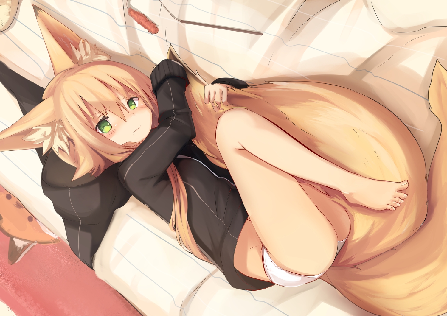 animal_ears, barefoot, bed, blonde_hair, blush, foxgirl, green_eyes, haik, kokonoe_tsubaki, long_hair, original, panties, tail, underwear