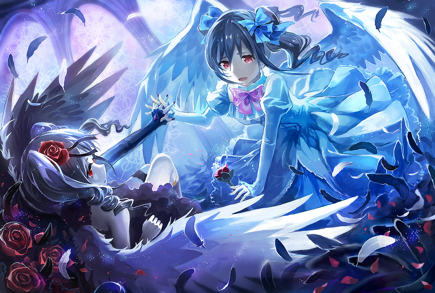2girls, black_hair, bow, dress, feathers, flowers, idolmaster, idolmaster_cinderella_girls, kanzaki_ranko, long_hair, nagakura_(seven_walkers), red_eyes, rose, twintails, wings