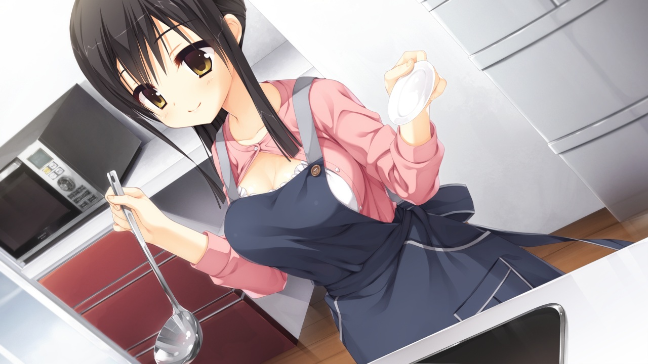 apron, black_hair, brown_eyes, game_cg, kobuichi, long_hair, sanoba_witch, togakushi_touko