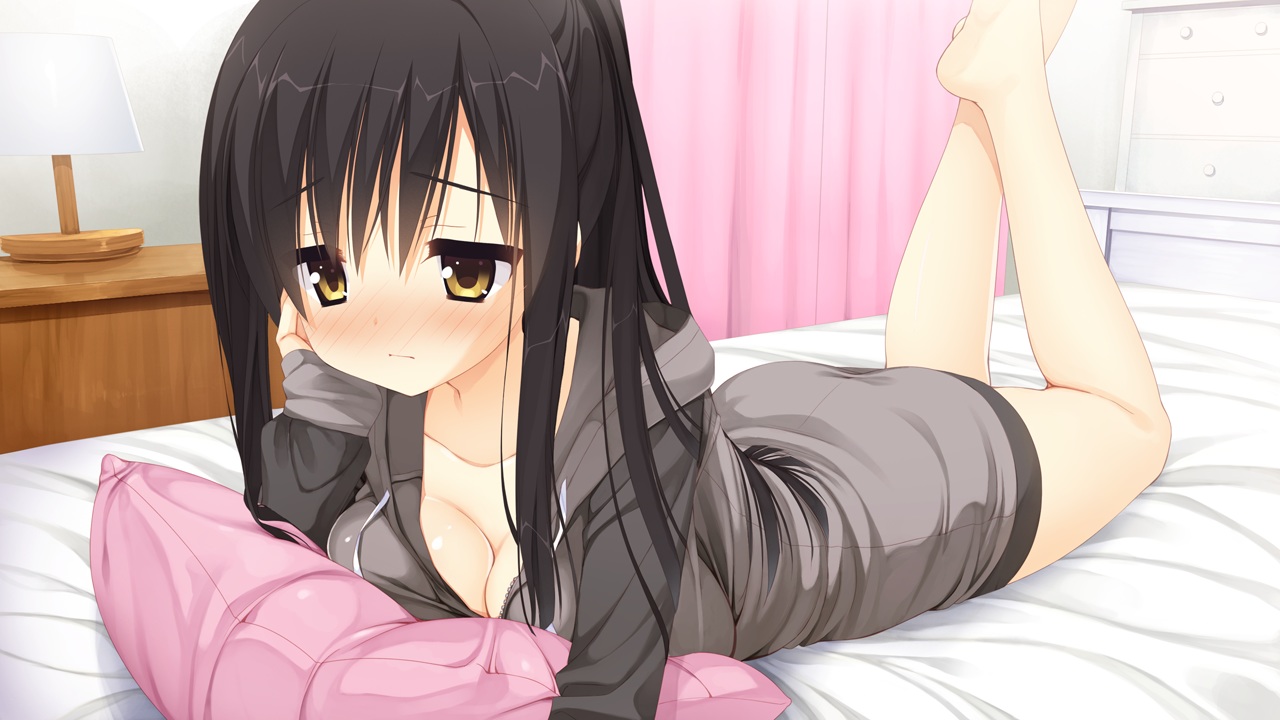 bed, black_hair, blush, breasts, cleavage, game_cg, hood, kobuichi, long_hair, sanoba_witch, togakushi_touko, yellow_eyes, yuzusoft
