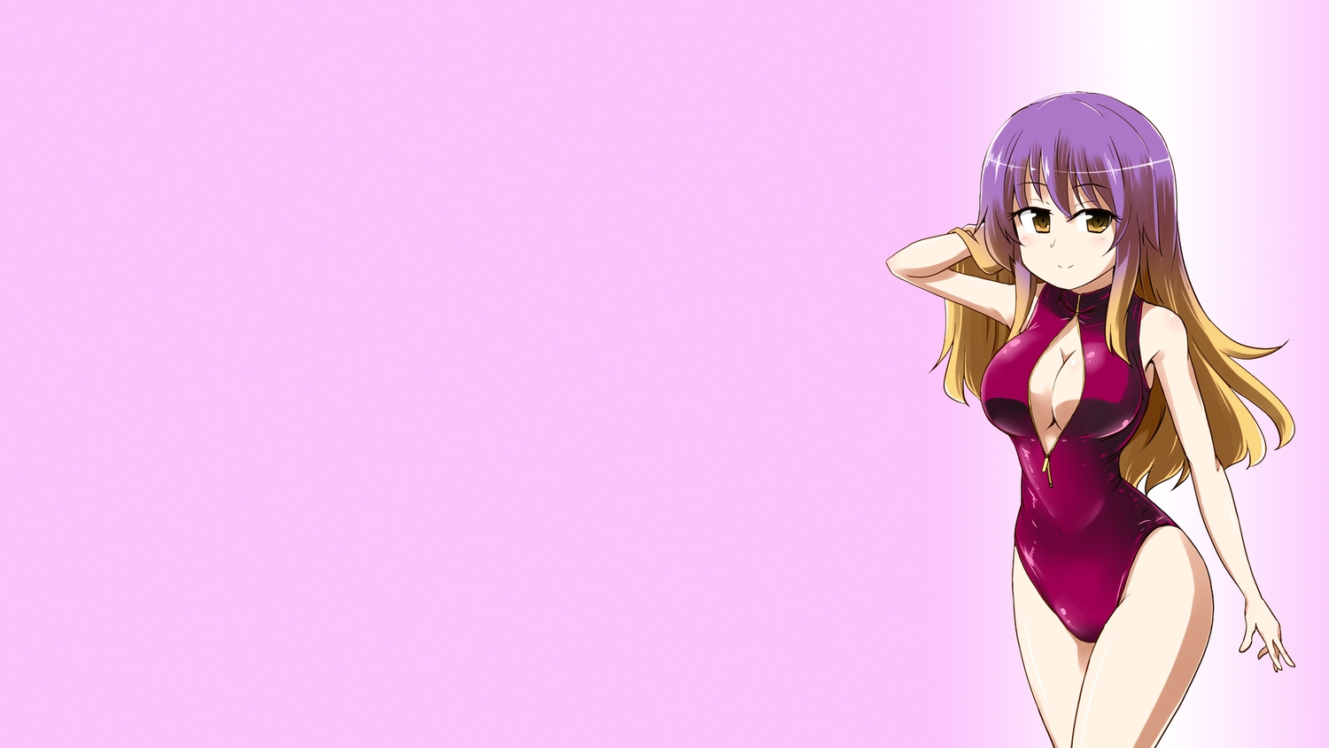 brown_eyes, brown_hair, gradient, hijiri_byakuren, kousei_(public_planet), long_hair, purple_hair, swimsuit, touhou