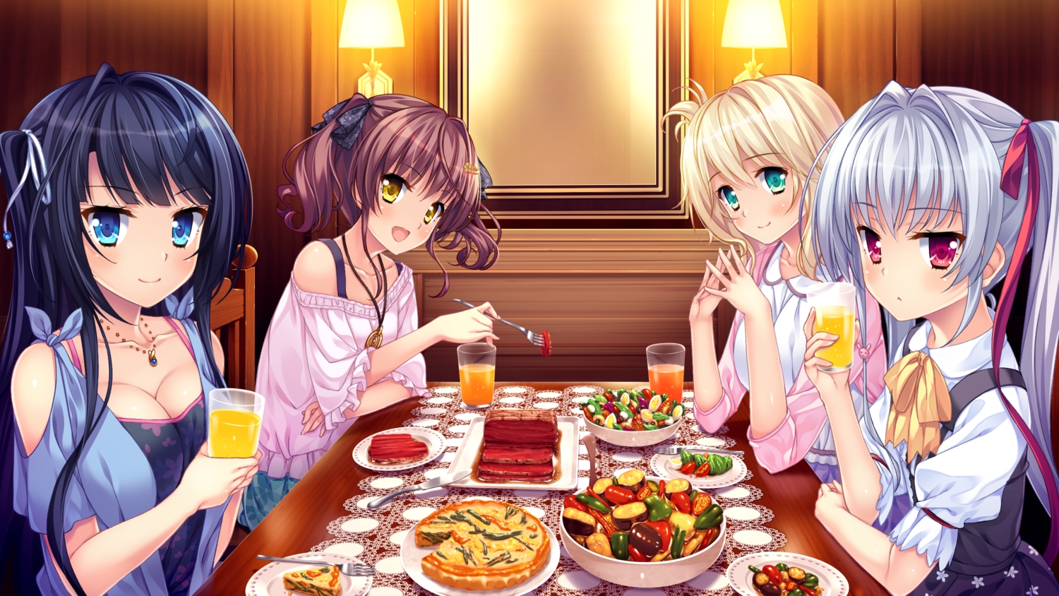 aqua_eyes, black_hair, blonde_hair, blue_eyes, breasts, brown_hair, cleavage, drink, food, game_cg, gray_hair, group, long_hair, manaduru_misaki, maniwa_shouko, moonstone, natsu_no_iro_no_nostalgia, necklace, origuchi_miu, purple_eyes, shinjouji_ayane, twintails, white_hair, yamakaze_ran, yellow_eyes
