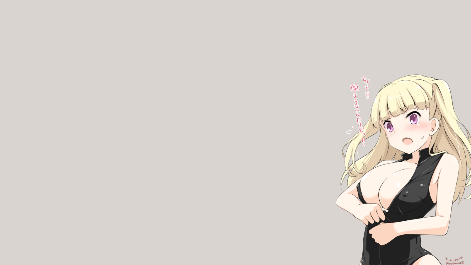 blonde_hair, blush, breasts, brown, cleavage, kichi8, long_hair, purple_eyes, swimsuit, tokyo_7th_sisters, uesugi_u._kyouko