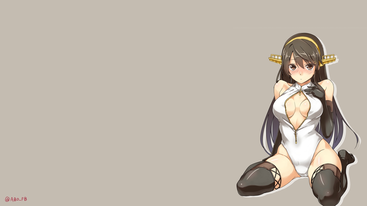 abo_(hechouchou), anthropomorphism, black_hair, blush, breasts, brown_eyes, cleavage, elbow_gloves, gloves, haruna_(kancolle), kantai_collection, long_hair, signed, thighhighs