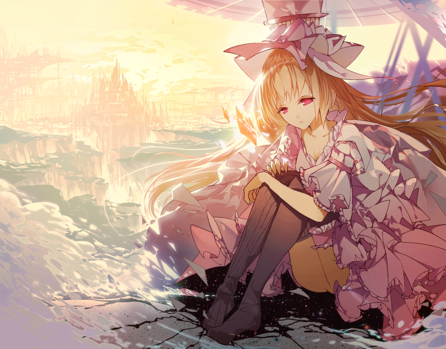 ajahweea, blonde_hair, dress, garter, hat, long_hair, original, red_eyes