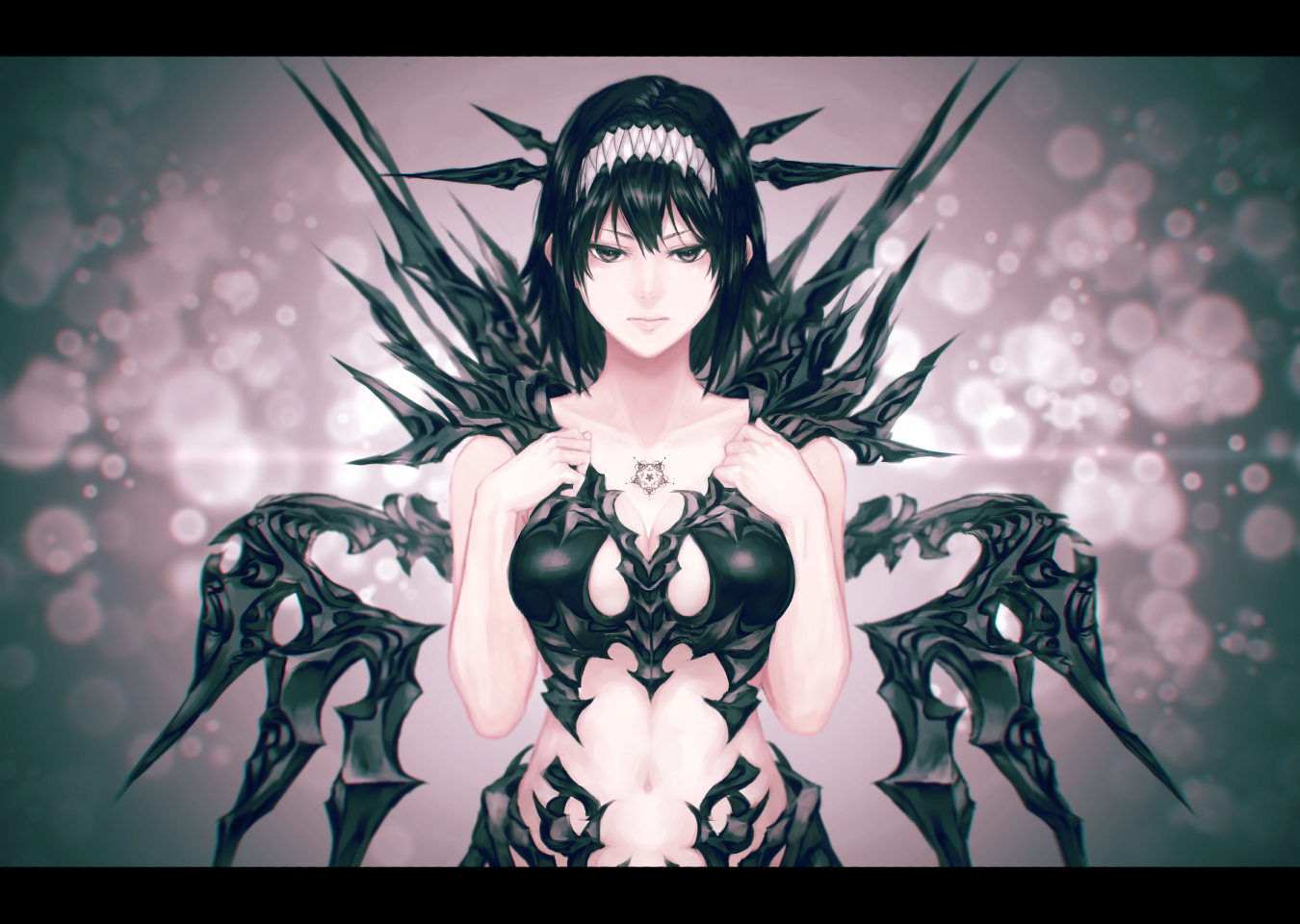 black_hair, breasts, cleavage, headband, mstm, navel, original, short_hair