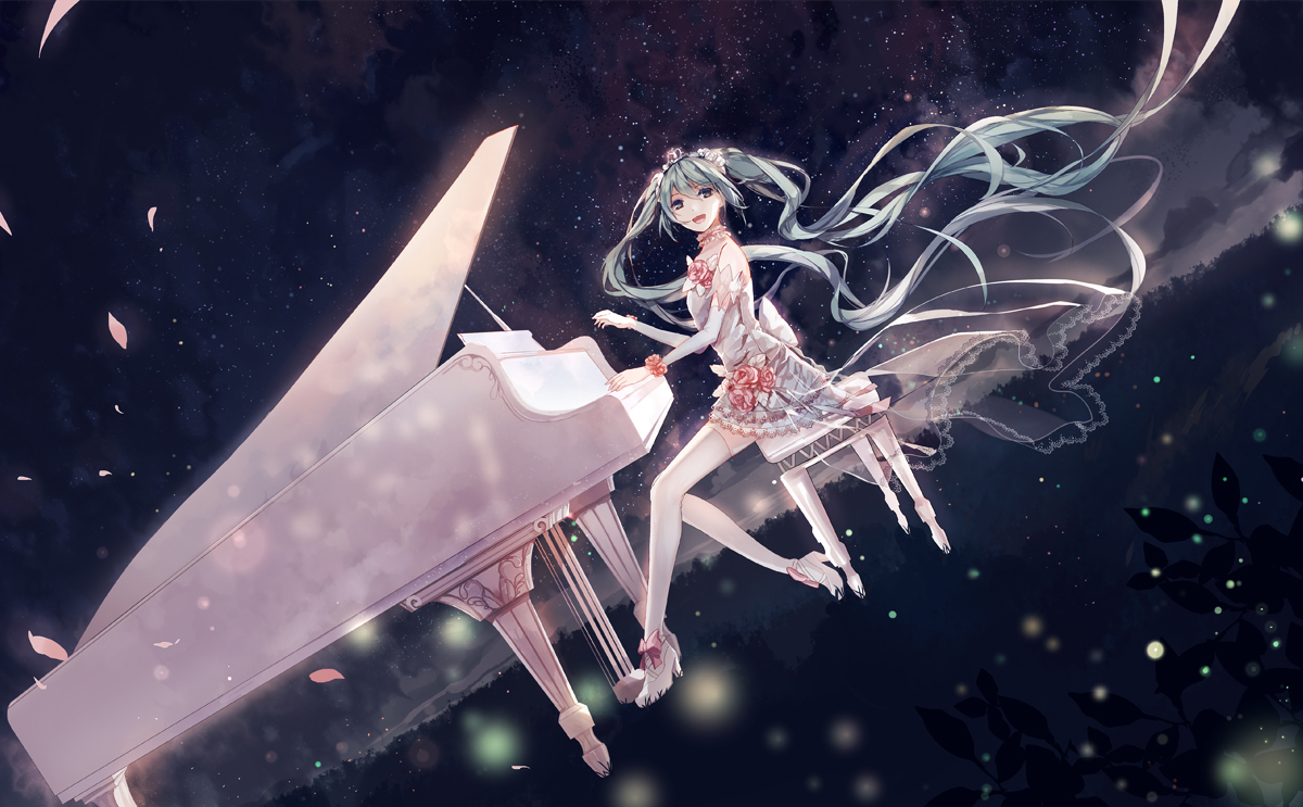 amatsukiryoyu, dress, hatsune_miku, instrument, long_hair, night, petals, piano