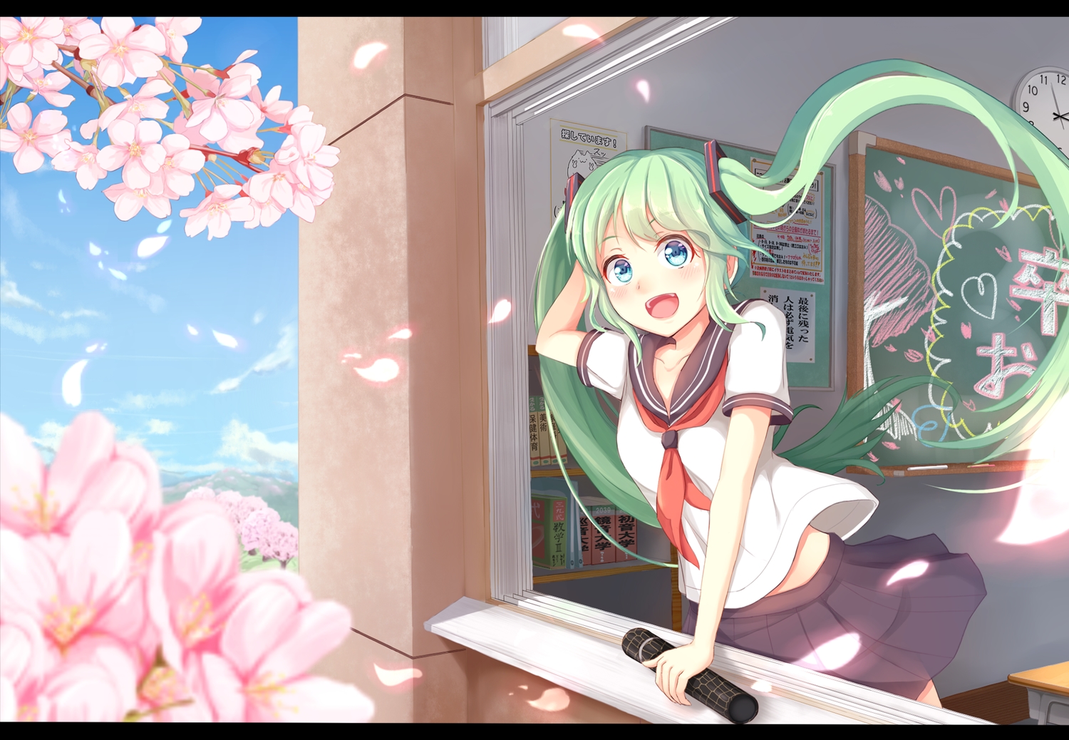 aqua_eyes, book, clouds, flowers, hatsune_miku, igayan, long_hair, petals