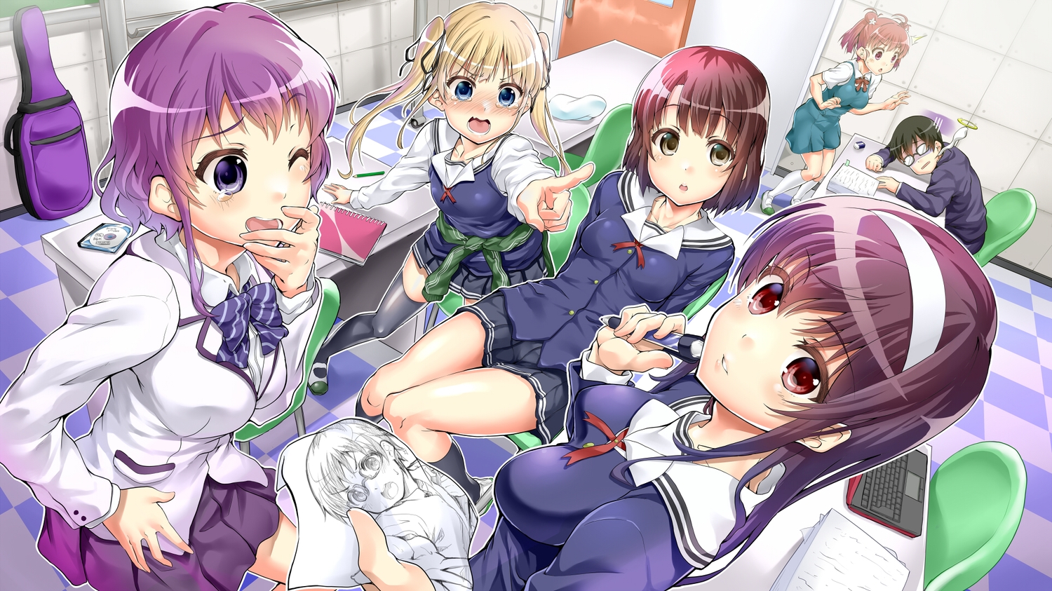 blonde_hair, blue_eyes, blush, book, ekakibito, glasses, group, hyoudou_michiru, kasumigaoka_utaha, katou_megumi, kneehighs, long_hair, male, purple_hair, red_eyes, saenai_heroine_no_sodatekata, sawamura_spencer_eriri, school_uniform, short_hair, skirt, sleeping, twintails, wink