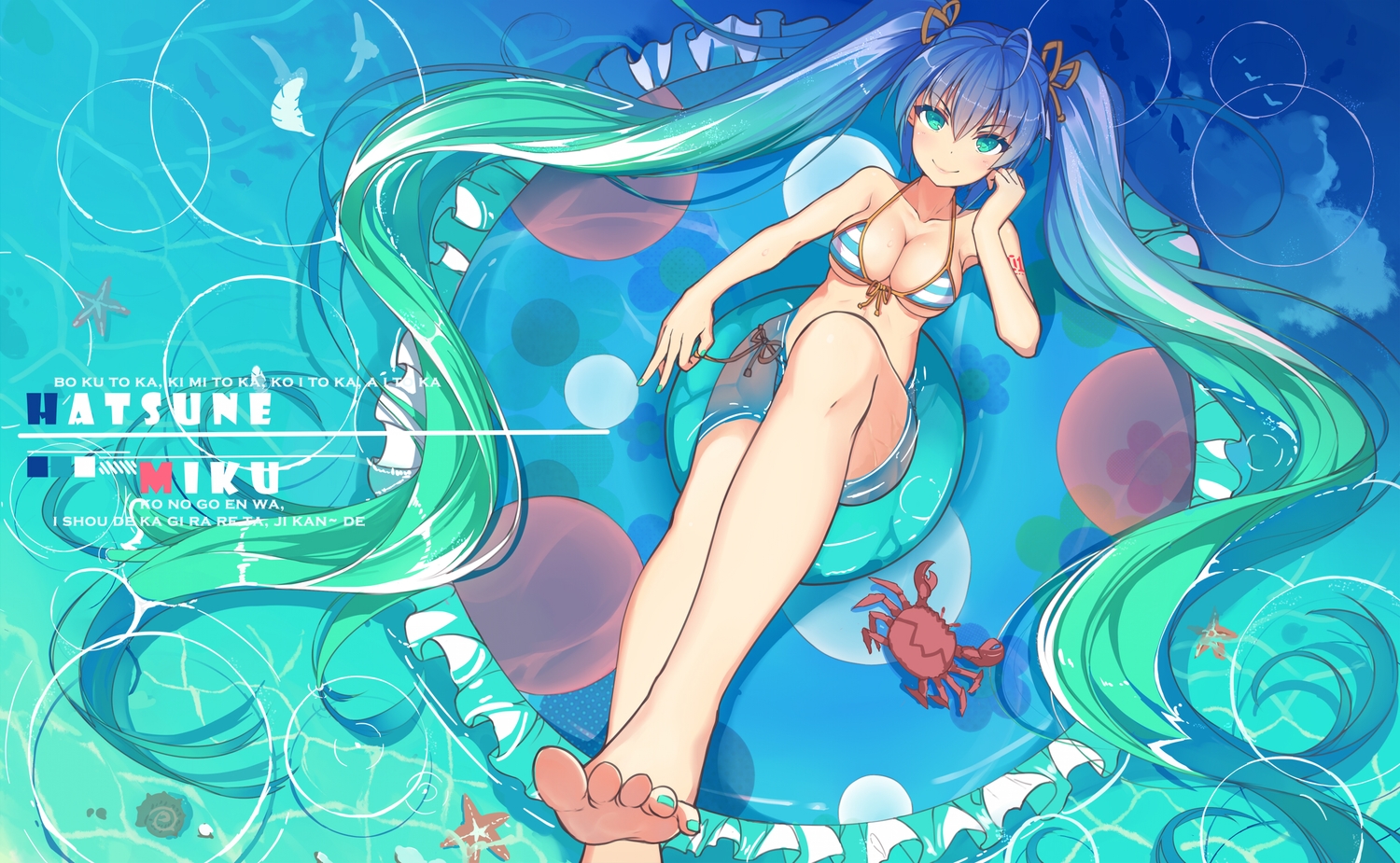 animal, aqua_eyes, barefoot, bikini, breasts, cleavage, crab, fish