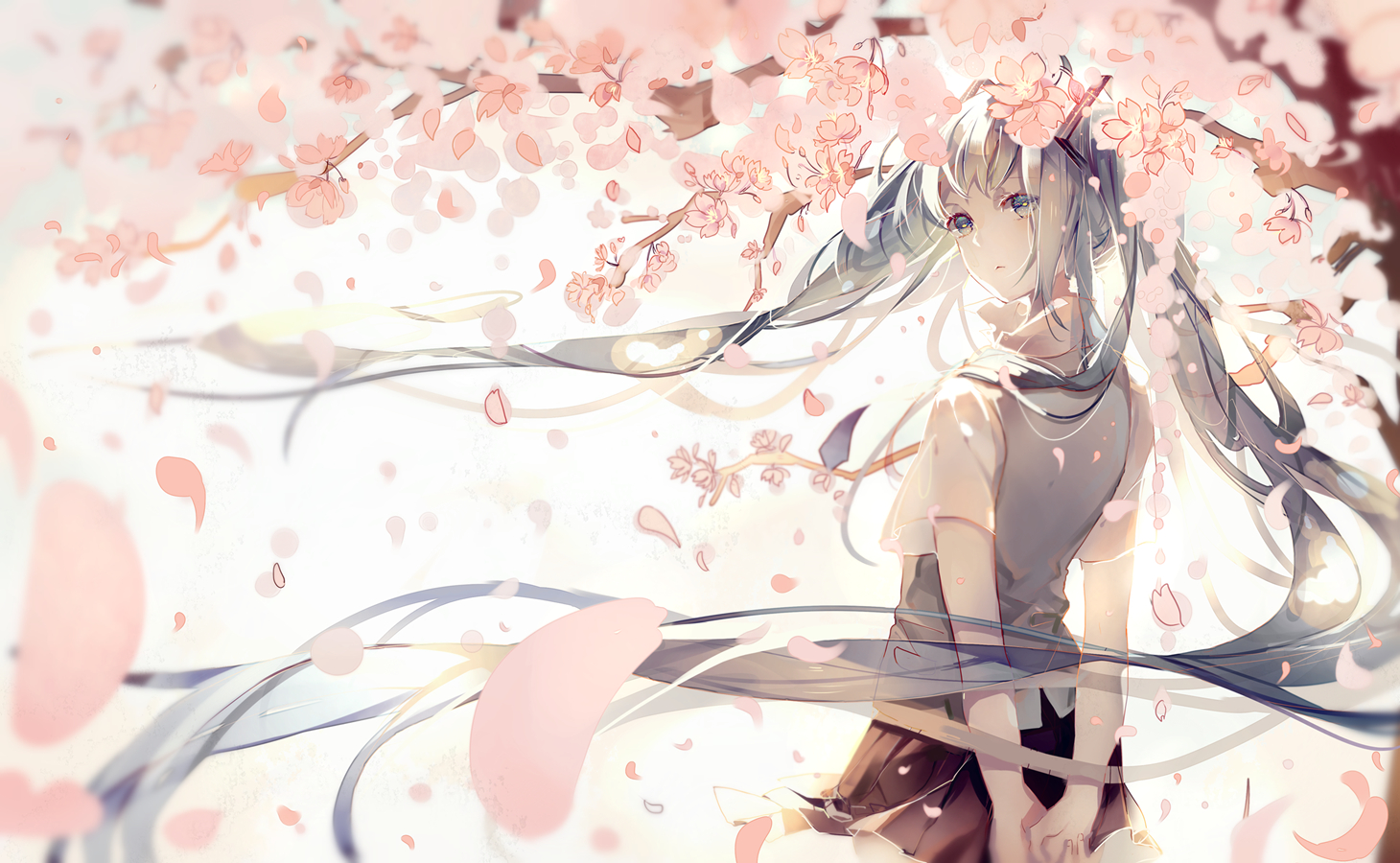 aqua_eyes, aqua_hair, cherry_blossoms, flowers, hatsune_miku, long_hair, petals, pudding_(8008208820), school_uniform, skirt, twintails, vocaloid