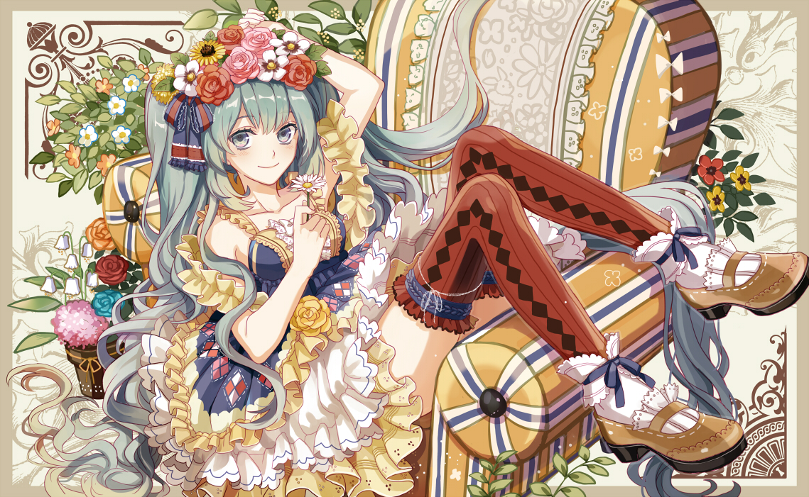 aqua_hair, dress, flowers, hatsune_miku, headdress, long_hair, michi_(iawei), ribbons, thighhighs, twintails, vocaloid