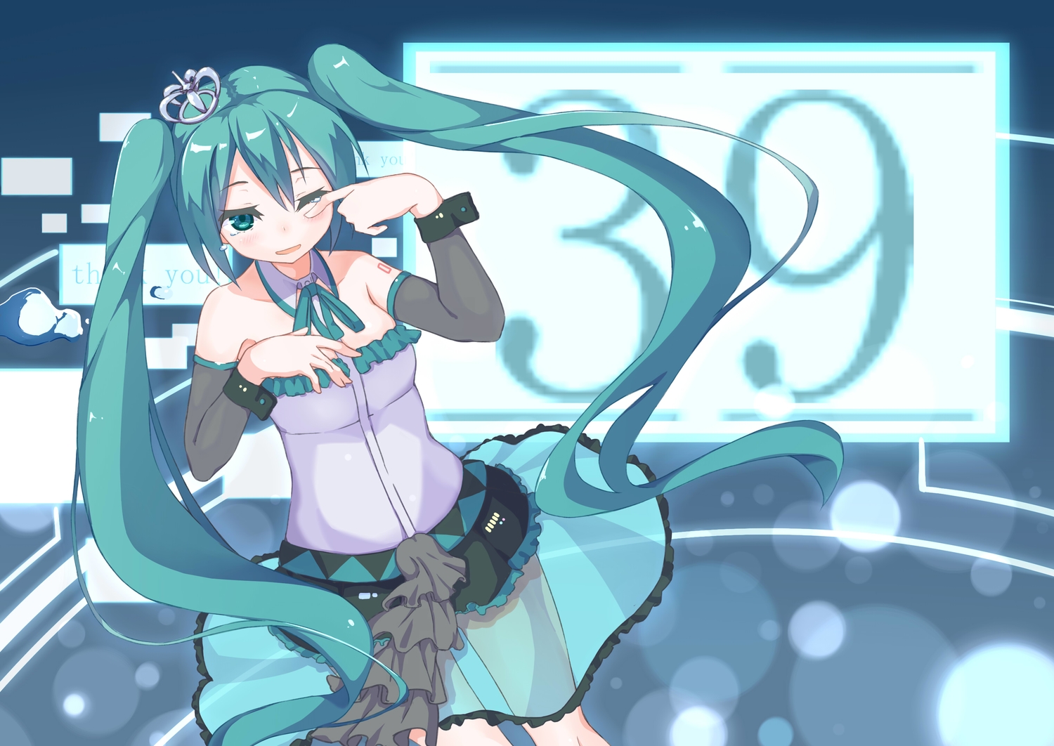 crown, gedo, hatsune_miku, long_hair, see_through, skirt, tears, twintails, vocaloid, wink, wristwear