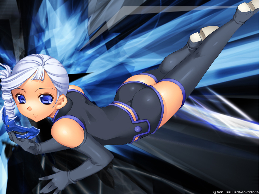 blue_eyes, boots, dark_skin, elbow_gloves, gloves, hiyohiyo, kiddy_grade, lumiere, thighhighs, white_hair