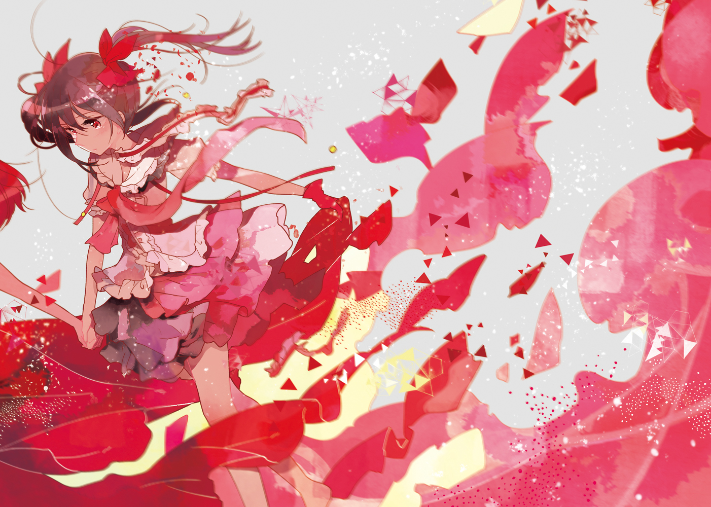black_hair, bow, gloves, love_live!_school_idol_project, polychromatic, red_eyes, ribbons, skirt
