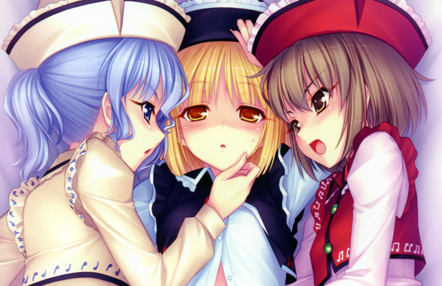 blonde_hair, blue_eyes, blue_hair, blush, brown_eyes, brown_hair, cropped, lunasa_prismriver