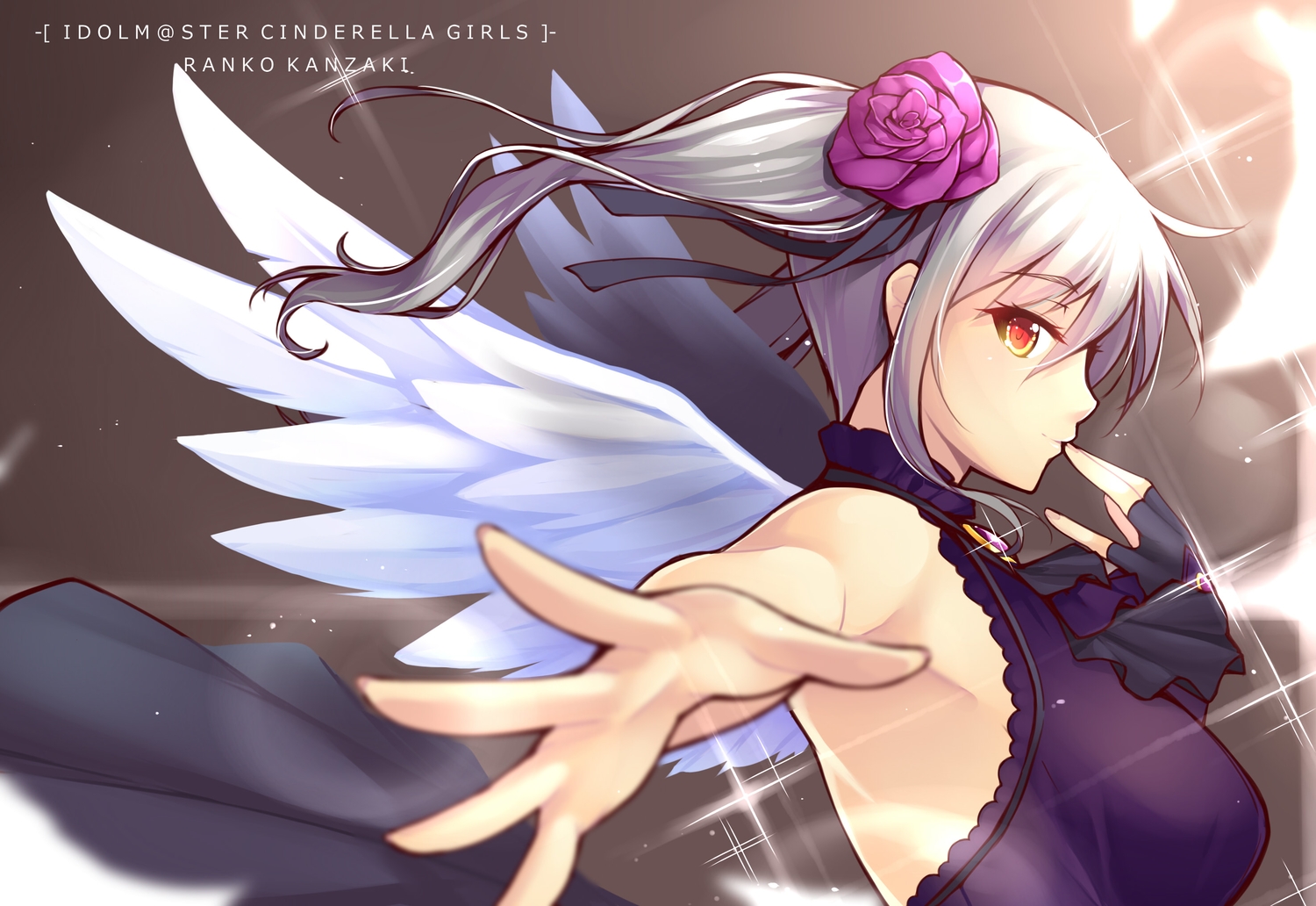 dean, gloves, gray_hair, idolmaster, kanzaki_ranko, logo, long_hair, red_eyes