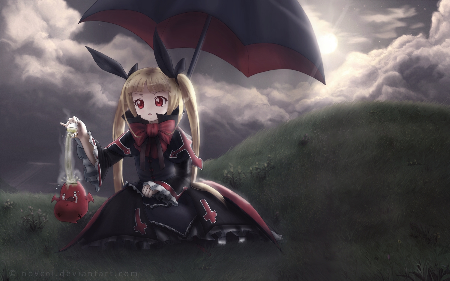 blazblue, blonde_hair, bow, drink, grass, landscape, novcel, rachel_alucard