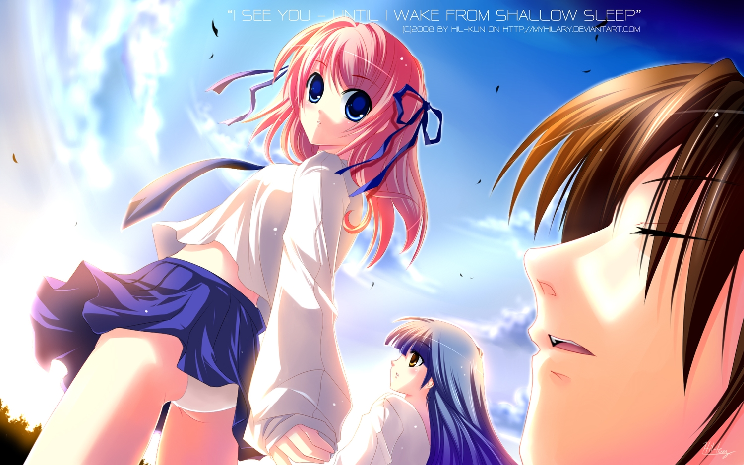 blue_eyes, blue_hair, brown_eyes, brown_hair, clouds, myhilary, panties, pink_hair
