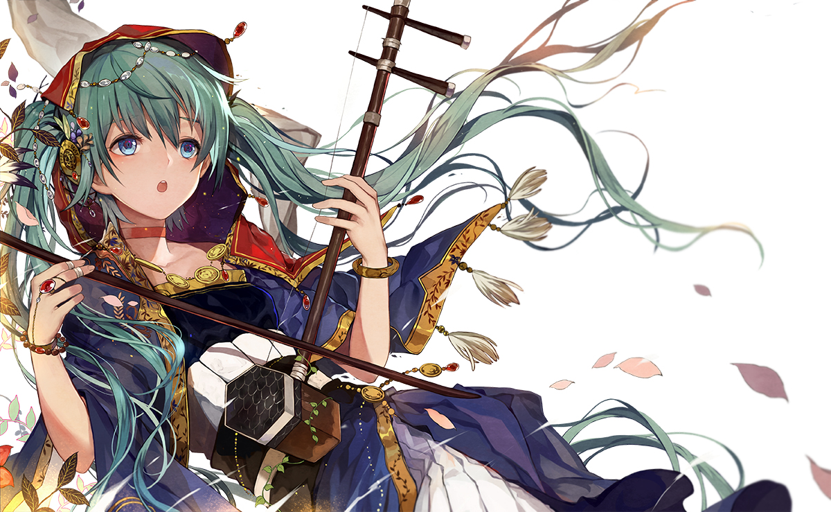 aqua_eyes, aqua_hair, blush, choker, dress, hatsune_miku, headdress, hood