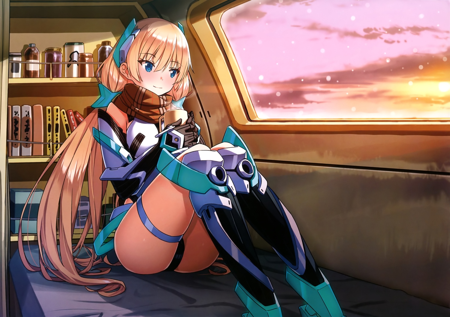 angela_balzac, bed, blonde_hair, blue_eyes, bodysuit, book, drink, expelled_from_paradise, long_hair, newtype, saitom, scan, snow, sunset, twintails