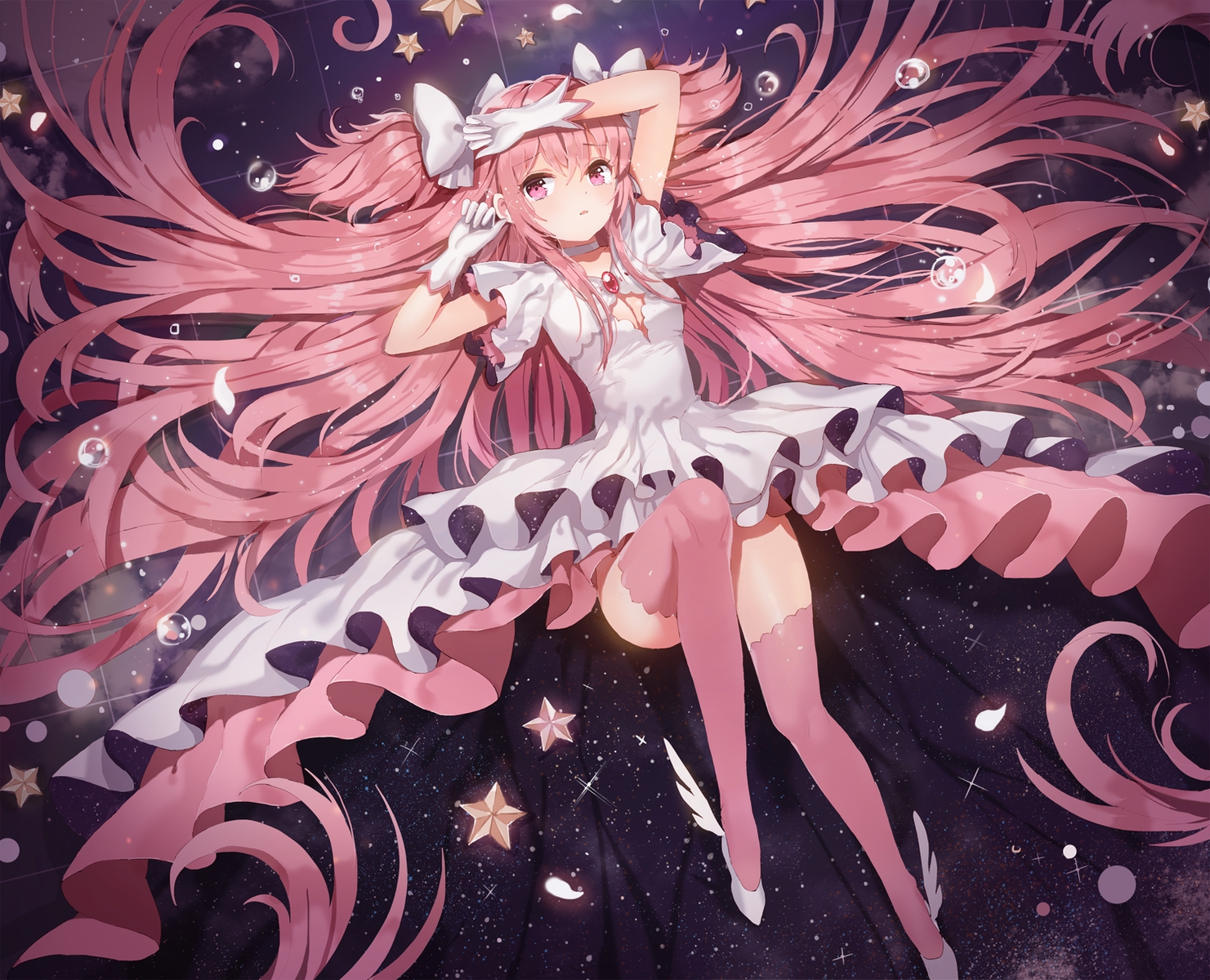 bow, breasts, choker, cleavage, dangmill, dress, gloves, kaname_madoka, long_hair, mahou_shoujo_madoka_magica, pink_hair, stars, thighhighs, ultimate_madoka