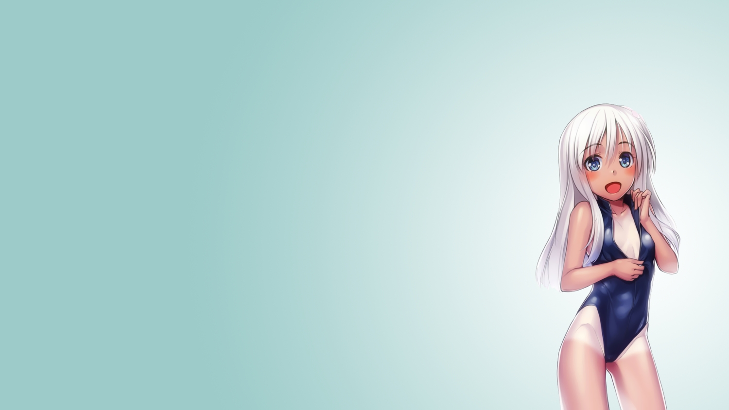 anthropomorphism, blue, blue_eyes, blush, gradient, kantai_collection, kasei_(xyz), long_hair, ro-500_(kancolle), school_swimsuit, swimsuit, tan_lines, undressing, white_hair