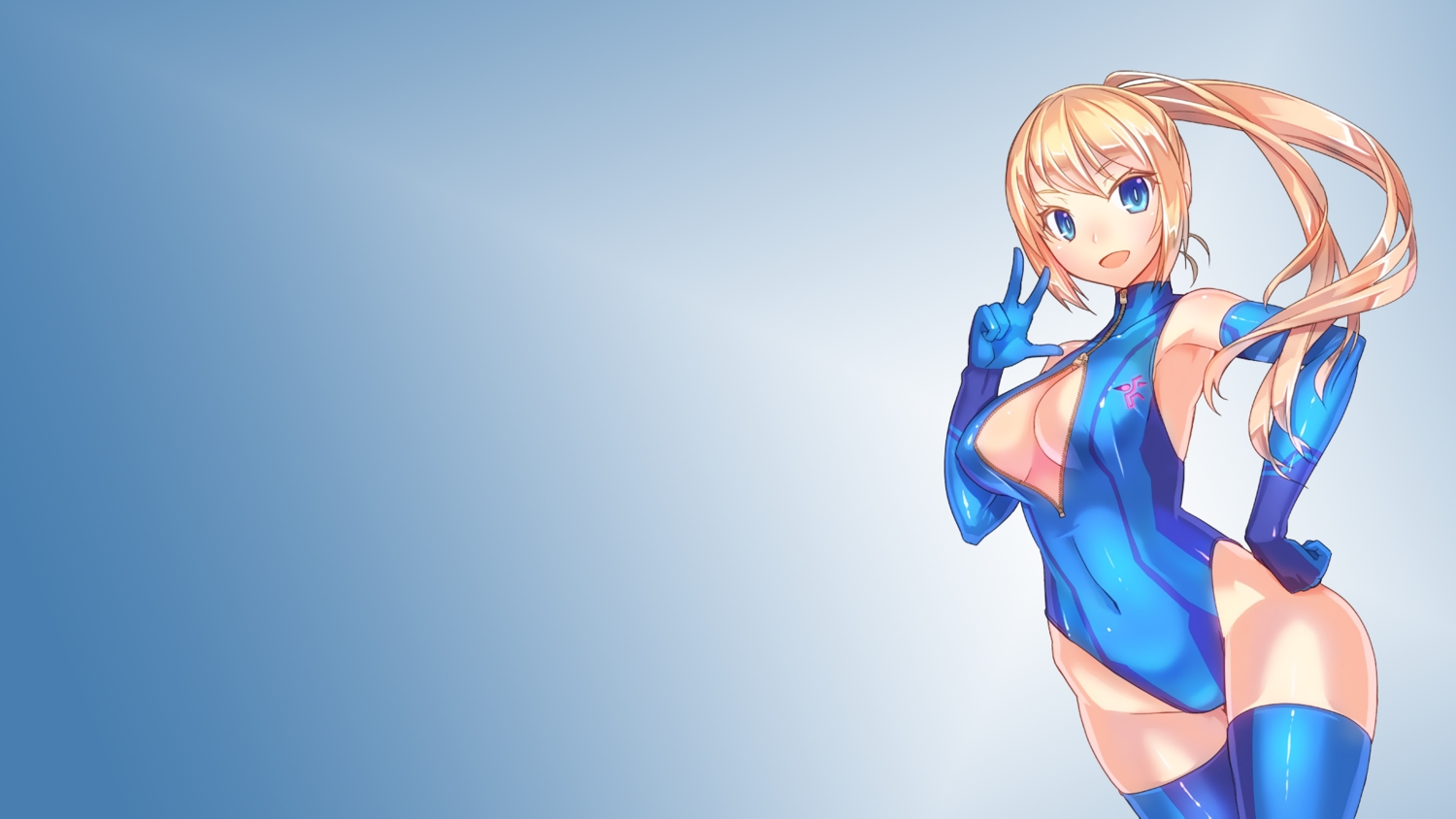 blonde_hair, blue, blue_eyes, blush, breasts, cleavage, elbow_gloves, gloves, gradient, long_hair, metroid, ponytail, samus_aran, swimsuit, thighhighs, yukimura_tsubame