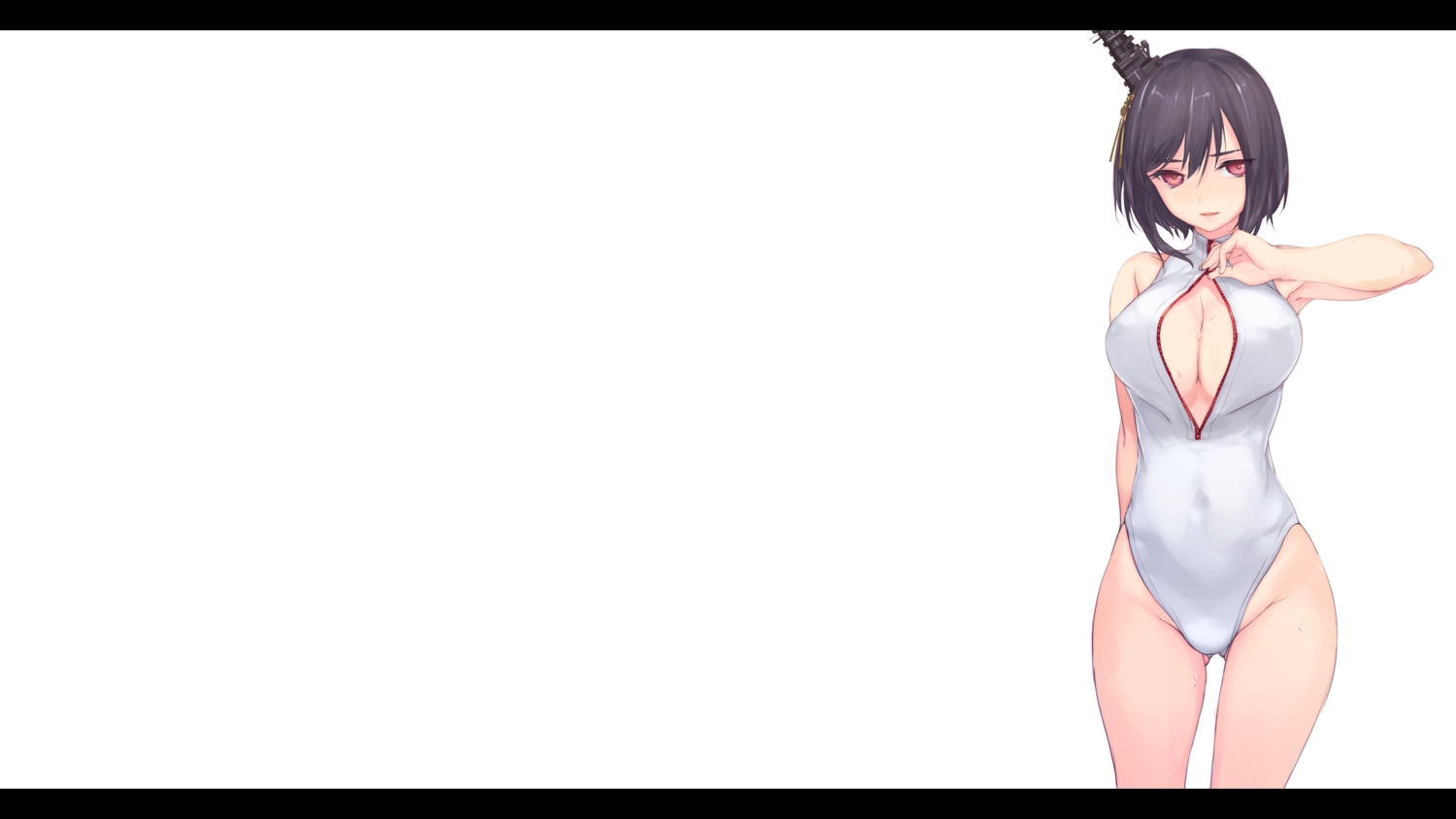 anthropomorphism, black_hair, breasts, cleavage, kantai_collection, red_eyes, rokuwata_tomoe, short_hair, swimsuit, white, yamashiro_(kancolle)