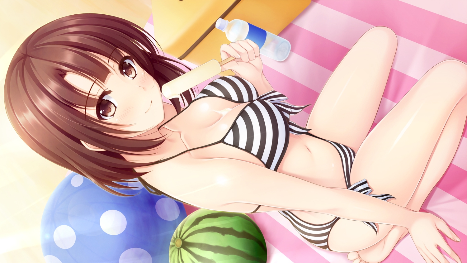 barefoot, bikini, blush, breasts, brown_hair, cleavage, drink, food, fruit, katou_megumi, navel, pasdar, popsicle, saenai_heroine_no_sodatekata, short_hair, swimsuit, watermelon